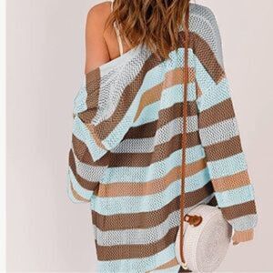 #39 New Crochet Knit Color Block Open Front  Cardigan Sweater